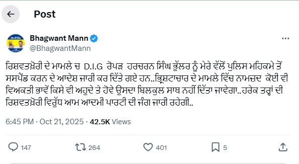 डीआईजी हरचरण सिंह भुल्लर रिश्वत कांड: सीएम भगवंत मान ने खुद दिए थे सस्पेंशन के आदेश