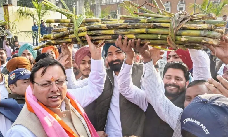 किसानों ने सीएम पुष्कर सिंह धामी को गन्ना भेंटकर दिया 'किसान पुत्र' का सम्मान, गन्ना मूल्य यूपी से अधिक घोषित