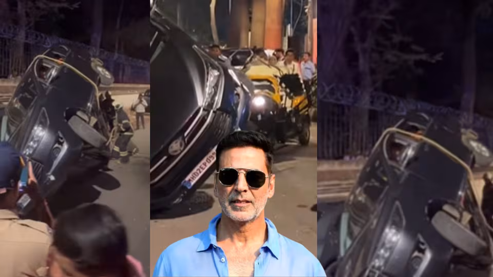 अक्षय कुमार कार हादसा: ऑटो से भिड़ने के बाद सुरक्षा वाहन पलटा, शख्स फंसा, वीडियो वायरल