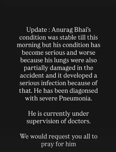 एक्सीडेंट के बाद अस्पताल में भर्ती यूट्यूबर अनुराग डोभाल की तबीयत बिगड़ी, फेफड़ों में इंफेक्शन की जानकारी