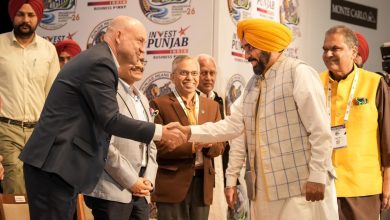 प्रगतिशील पंजाब निवेशक सम्मेलन में उद्योगपतियों को संबोधित करते हुए पंजाब के मुख्यमंत्री भगवंत सिंह मान।