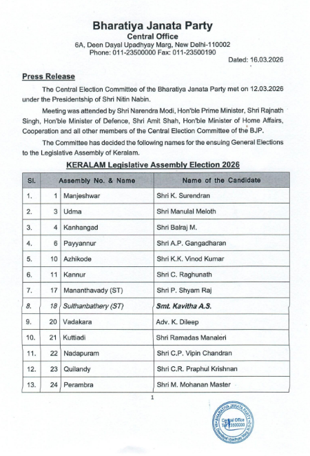 बीजेपी केरल उम्मीदवार सूची 2026