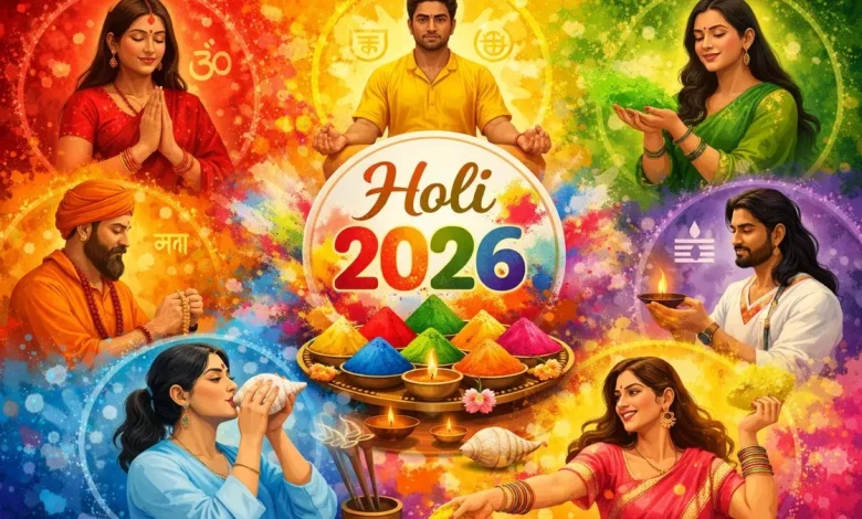 होली 2026 पूजा और रंग: देवी-देवताओं को अबीर-गुलाल अर्पित करती हुई