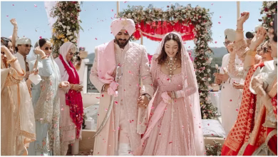 मेहरीन पीरजादा शादी में ब्लश पिंक लहंगे में दूल्हे अर्श औलख के साथ नजर आती हुईं, सोशल मीडिया पर शेयर की गई वेडिंग तस्वीर