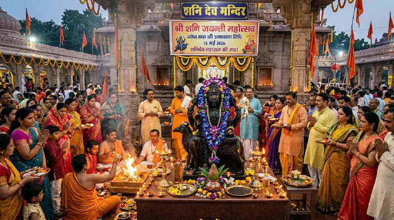 शनि जयंती 2026 पर शनि देव की पूजा करते भक्त और पीपल के पेड़ के नीचे दीप जलाते लोग