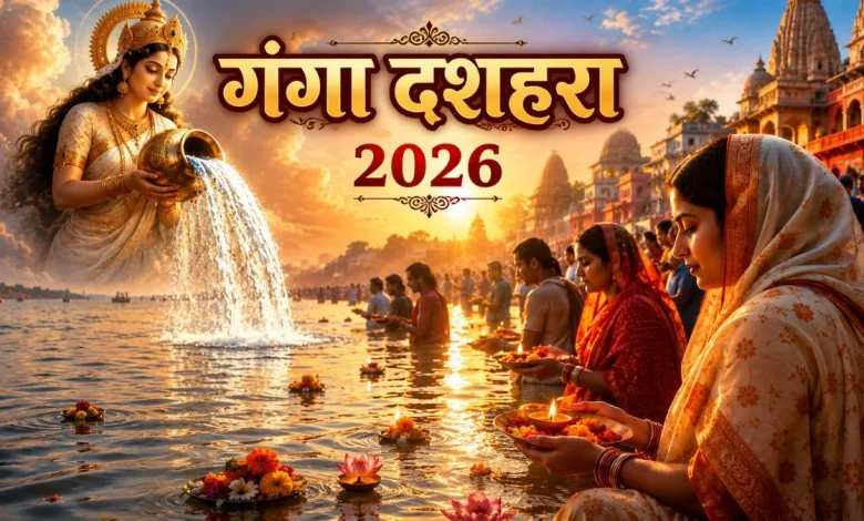 गंगा दशहरा 2026 पर गंगा नदी में स्नान करते श्रद्धालु और पूजा करते भक्तों का दृश्य।