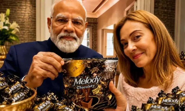 पीएम नरेंद्र मोदी इटली की प्रधानमंत्री जियोर्जिया मेलोनी को ‘मेलोडी’ टॉफी भेंट करते हुए