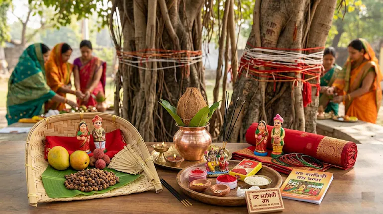 वट सावित्री व्रत पूजा सामग्री लिस्ट में शामिल आवश्यक पूजा सामग्री का दृश्य