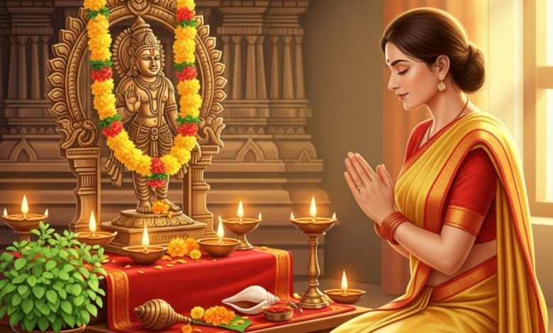 अपरा एकादशी व्रत 2026 में पूजा करती हुई श्रद्धालु महिला और भगवान विष्णु की आराधना का दृश्य