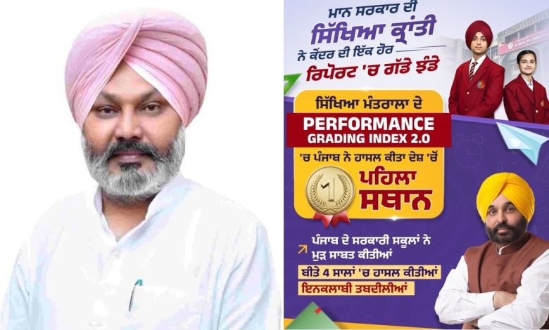 पंजाब के सरकारी स्कूल में स्मार्ट क्लासरूम और छात्र पढ़ाई करते हुए, PGI 2.0 रैंकिंग में पहले स्थान की उपलब्धि दर्शाते हुए।