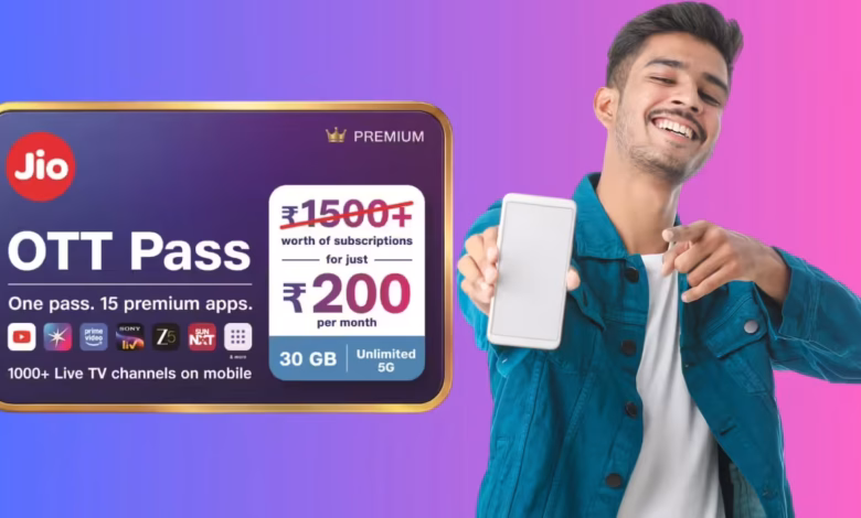 Jio OTT Pass 2026 प्लान का मोबाइल स्क्रीन पर OTT ऐप्स और लाइव टीवी का ग्राफिक