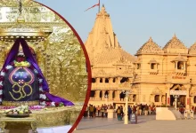सोमनाथ मंदिर का दिव्य दृश्य, जहां भगवान शिव के प्रथम ज्योतिर्लिंग की पूजा की जाती है।