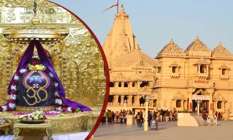 सोमनाथ मंदिर का दिव्य दृश्य, जहां भगवान शिव के प्रथम ज्योतिर्लिंग की पूजा की जाती है।
