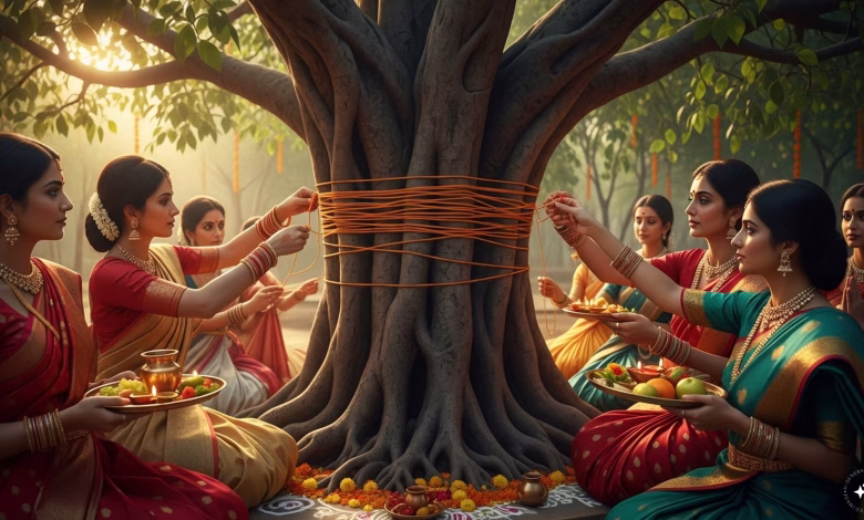वट सावित्री व्रत 2026 में सुहागिन महिलाएं बरगद वृक्ष की पूजा करते हुए