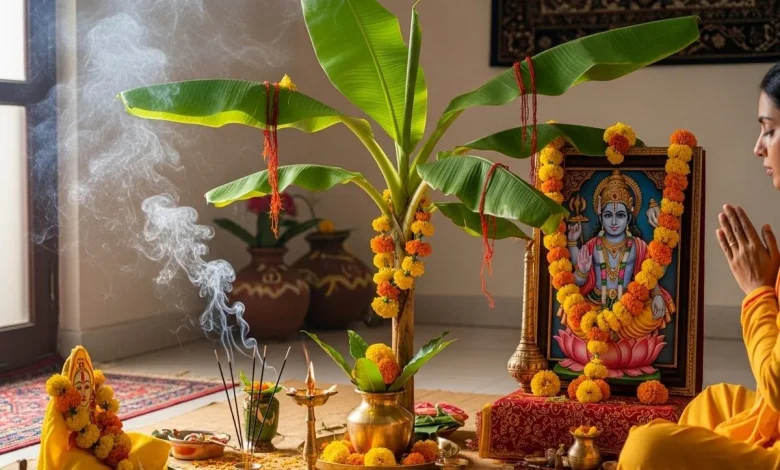 भगवान विष्णु की पूजा करते श्रद्धालु, 16 गुरुवार व्रत की विधि और उद्यापन का धार्मिक दृश्य