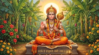 हनुमान मंदिर में भक्त पूजा करते हुए आखिरी बड़ा मंगल 2026 के अवसर पर सिंदूर और लड्डू चढ़ाते हुए।
