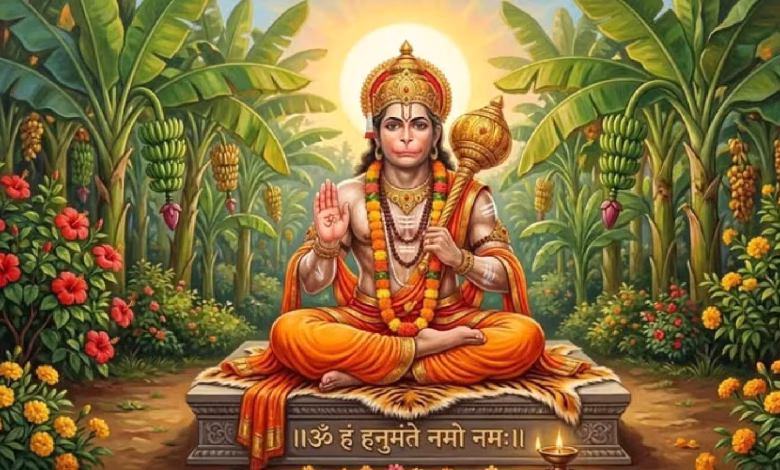 हनुमान मंदिर में भक्त पूजा करते हुए आखिरी बड़ा मंगल 2026 के अवसर पर सिंदूर और लड्डू चढ़ाते हुए।