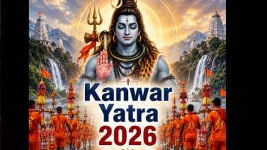 कांवड़ यात्रा 2026 में शिवभक्त गंगाजल से भरी कांवड़ लेकर भगवान शिव का जलाभिषेक करते हुए, सावन की धार्मिक यात्रा का दृश्य