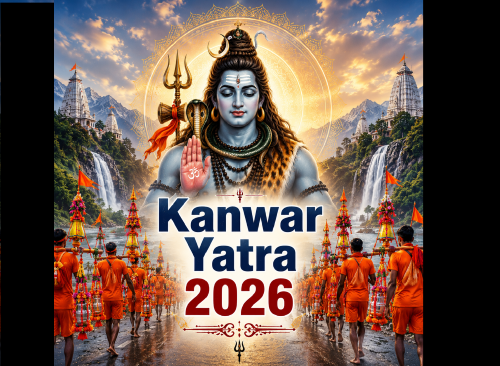 कांवड़ यात्रा 2026 में शिवभक्त गंगाजल से भरी कांवड़ लेकर भगवान शिव का जलाभिषेक करते हुए, सावन की धार्मिक यात्रा का दृश्य