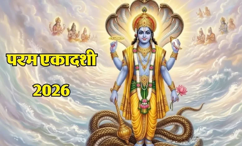 परम एकादशी पर भगवान विष्णु की पूजा करते श्रद्धालु और तुलसी के पास दीपक जलाते हुए