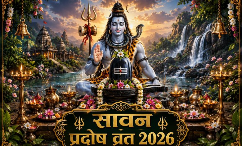 भगवान शिव की पूजा करते भक्त और सावन प्रदोष व्रत 2026 में शिवलिंग अभिषेक का दृश्य