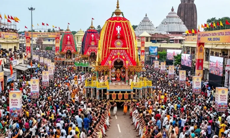 जगन्नाथ रथ यात्रा 2026 में भगवान जगन्नाथ, बलभद्र और सुभद्रा के रथ को भक्त खींचते हुए दृश्य