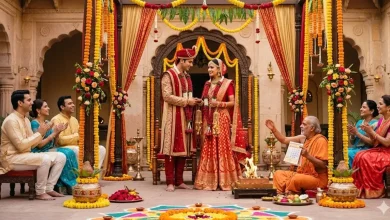 हिंदू विवाह रस्म, शहनाई बजाते बारात, शुभ मुहूर्त में शादी का दृश्य