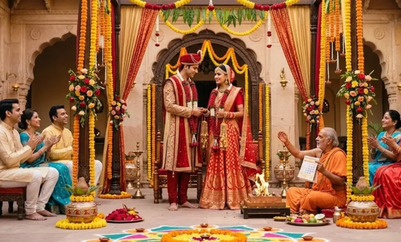 हिंदू विवाह रस्म, शहनाई बजाते बारात, शुभ मुहूर्त में शादी का दृश्य