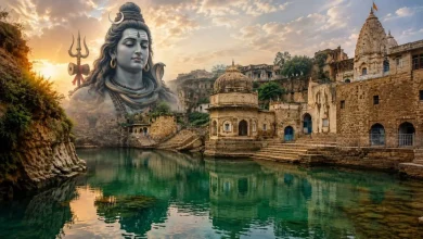 पुष्कर झील और कटास राज कुंड को दर्शाता धार्मिक और पौराणिक चित्र