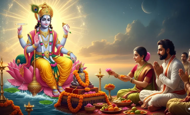 परम एकादशी पर भगवान विष्णु और माता लक्ष्मी की पूजा करते श्रद्धालु