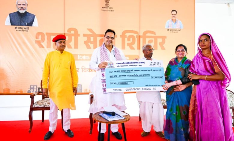 मुख्यमंत्री भजनलाल शर्मा उदयपुर सेवा शिविर में नागरिकों से संवाद करते हुए और लाभार्थियों को सहायता पत्र प्रदान करते हुए