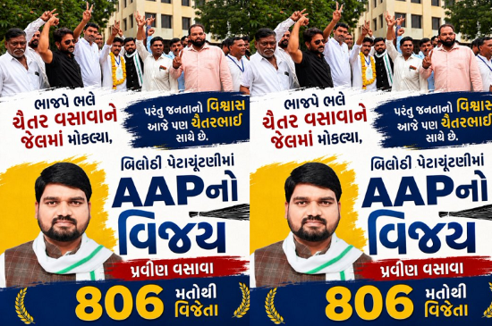 बिलोठी उपचुनाव में जीत के बाद AAP उम्मीदवार प्रवीण वसावा और पार्टी नेताओं का जश्न