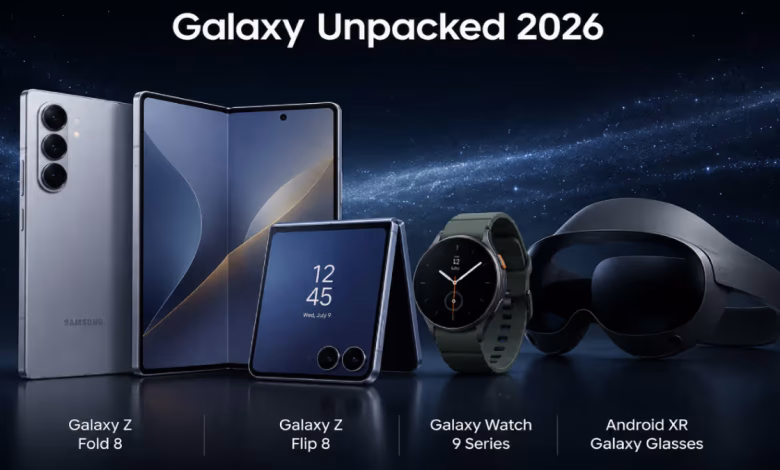 Samsung Galaxy Unpacked 2026 में Galaxy Z Flip 8 और Galaxy Z Fold 8 फोल्डेबल स्मार्टफोन।
