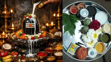 भगवान शिव की पूजा करते भक्त सोमवार के दिन शिवलिंग पर दूध और बेलपत्र अर्पित करते हुए।