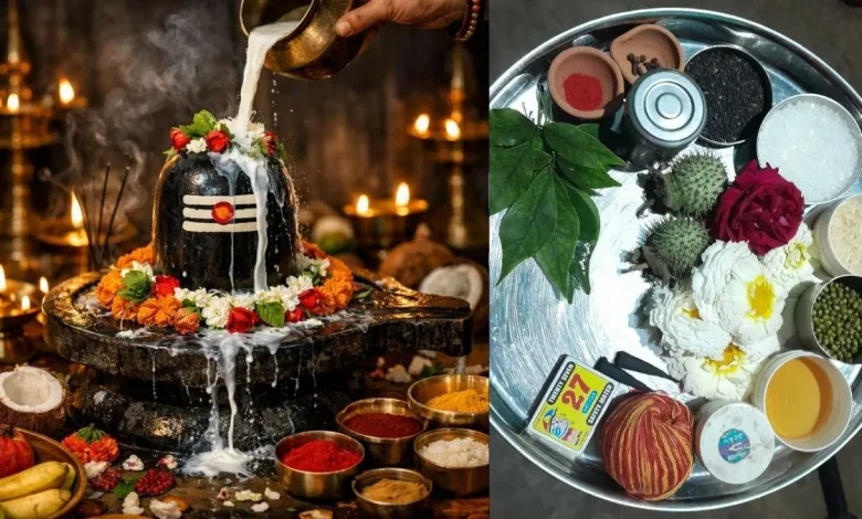 भगवान शिव की पूजा करते भक्त सोमवार के दिन शिवलिंग पर दूध और बेलपत्र अर्पित करते हुए।