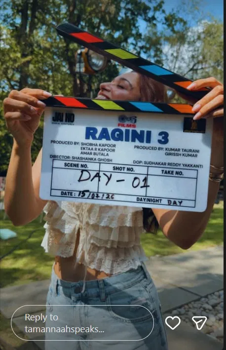 रागिनी 3 के सेट से क्लैपबोर्ड के साथ तमन्ना भाटिया की पहली शूटिंग की झलक।