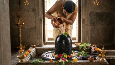 सावन में शिवलिंग पर तांबे के लोटे से जल चढ़ाते हुए श्रद्धालु।