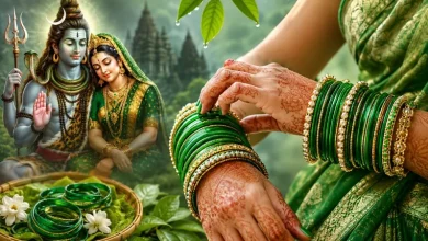 सावन में हरी चूड़ियां पहने सुहागिन महिला का श्रृंगार।