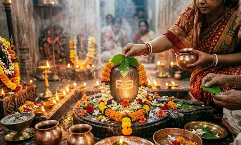 सावन 2026 में शिवलिंग पर जलाभिषेक करते भक्त और कांवड़ यात्रा करते श्रद्धालु