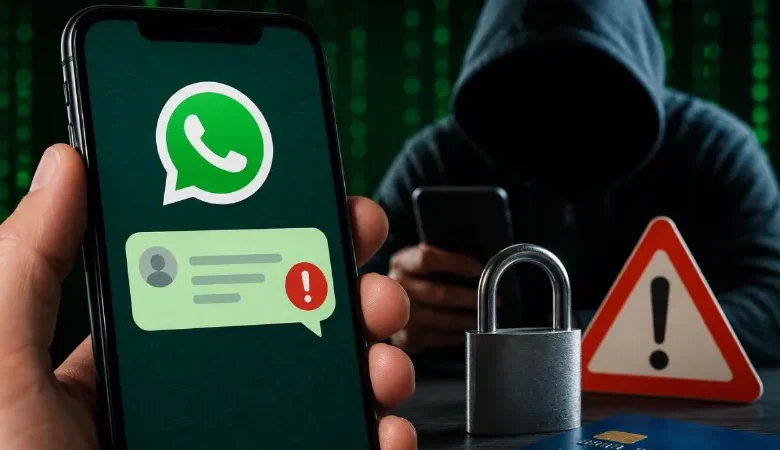 WhatsApp पर साइबर फ्रॉड अलर्ट दिखाता मोबाइल स्क्रीन और चेतावनी संदेश।