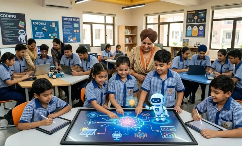 पंजाब स्कूलों में एआई शिक्षा के तहत ऑनलाइन पढ़ाई करते विद्यार्थी