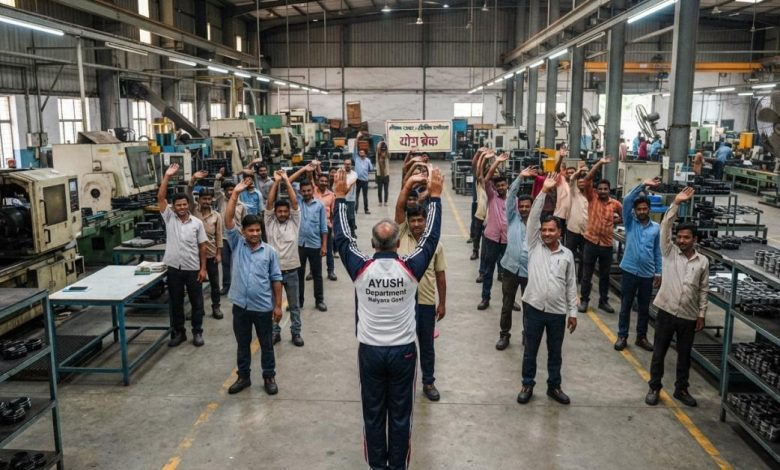 हरियाणा Y-Break Scheme के तहत योग करते औद्योगिक कर्मचारी