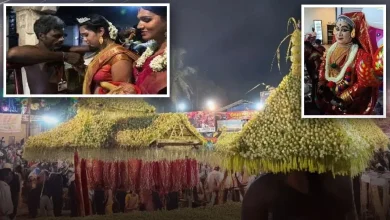कोट्टनकुलंगारा देवी मंदिर में साड़ी पहनकर पूजा करते पुरुष श्रद्धालु