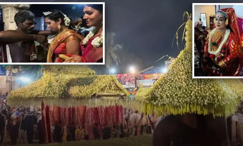 कोट्टनकुलंगारा देवी मंदिर में साड़ी पहनकर पूजा करते पुरुष श्रद्धालु
