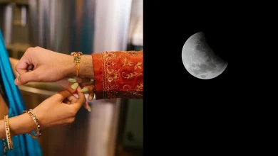 रक्षाबंधन 2026 पर चंद्र ग्रहण और राखी का धार्मिक दृश्य