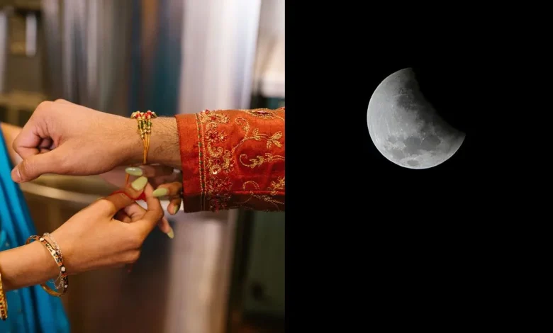 रक्षाबंधन 2026 पर चंद्र ग्रहण और राखी का धार्मिक दृश्य