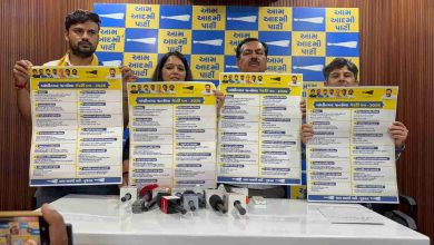 गांधीनगर नगर निगम चुनाव: AAP ने जारी किया गारंटी पत्र, 14 मुद्दों पर विकास का संकल्प 9 गांधीनगर नगर निगम चुनाव के लिए AAP का गारंटी पत्र जारी करते पार्टी नेता