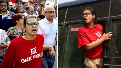नेहा बोरा की लाल टी-शर्ट पर बने पाइरेट्स लोगो को लेकर उठा राजनीतिक विवाद