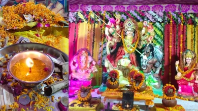 नवरात्रि में मां दुर्गा के सामने जलती अखंड ज्योति और पूजा की तैयारी।