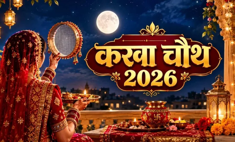 करवा चौथ 2026 पर चंद्रमा को अर्घ्य देती सुहागिन महिला